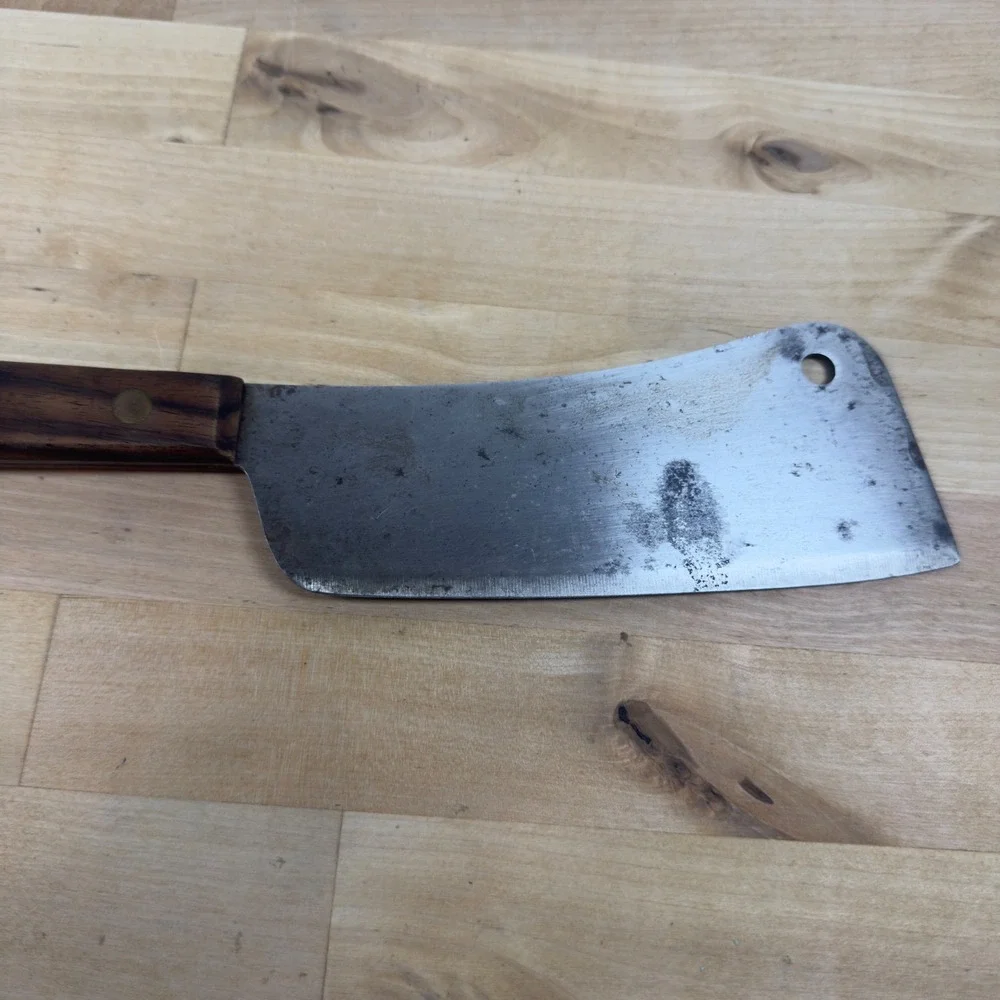 Vintage Robinson Carbon Steel Cleaver 7 inch Meat Butcher Knife Wood Handle USA